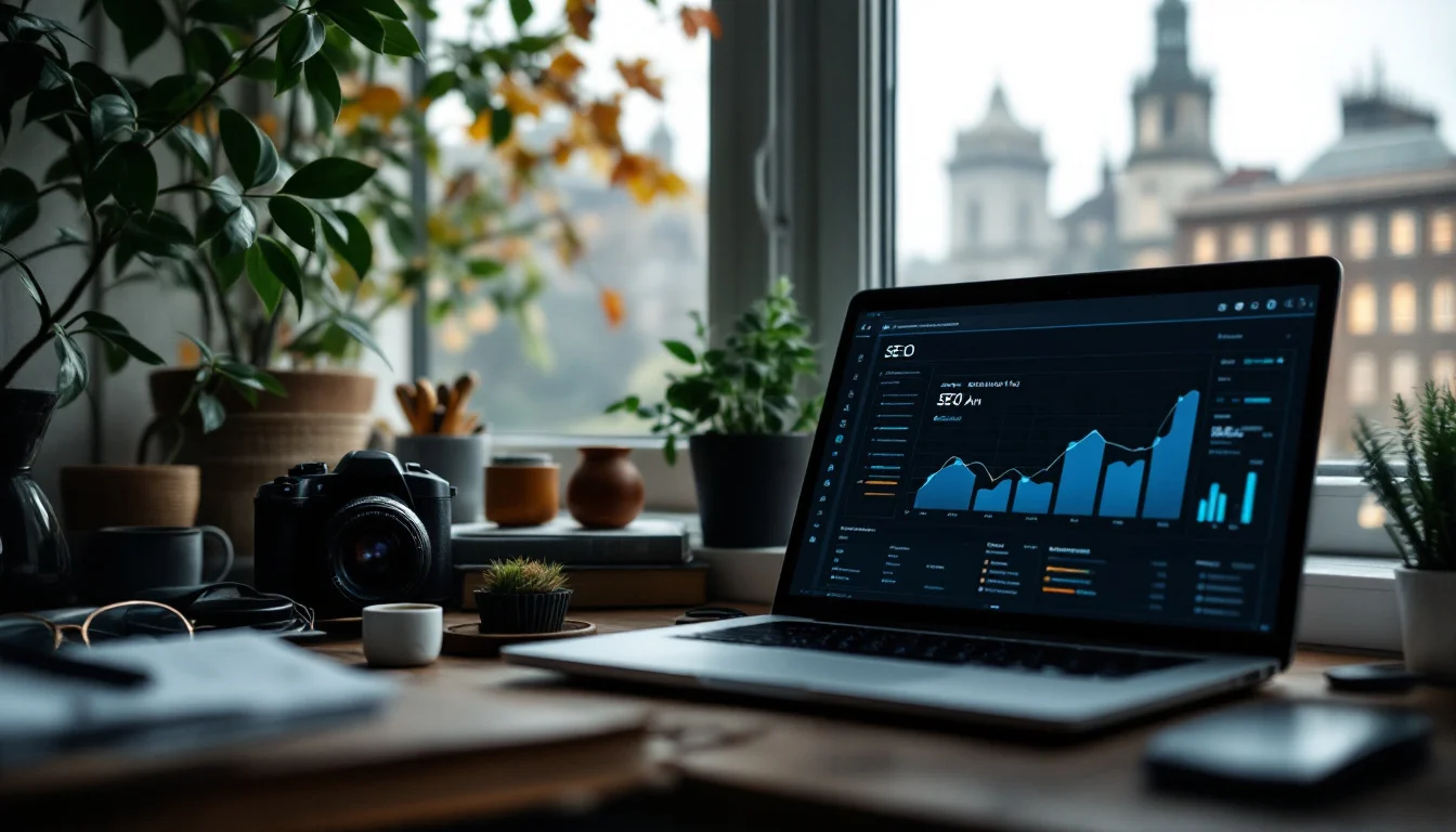 Best SEO Practices For Businesses In Scotland — A digital marketer in a Dunfermline office optimising a website on a laptop, wit